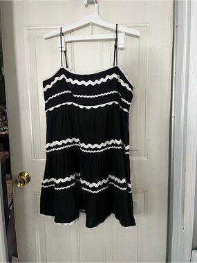 Anthropologie Black Dress with White Scallop Stripes